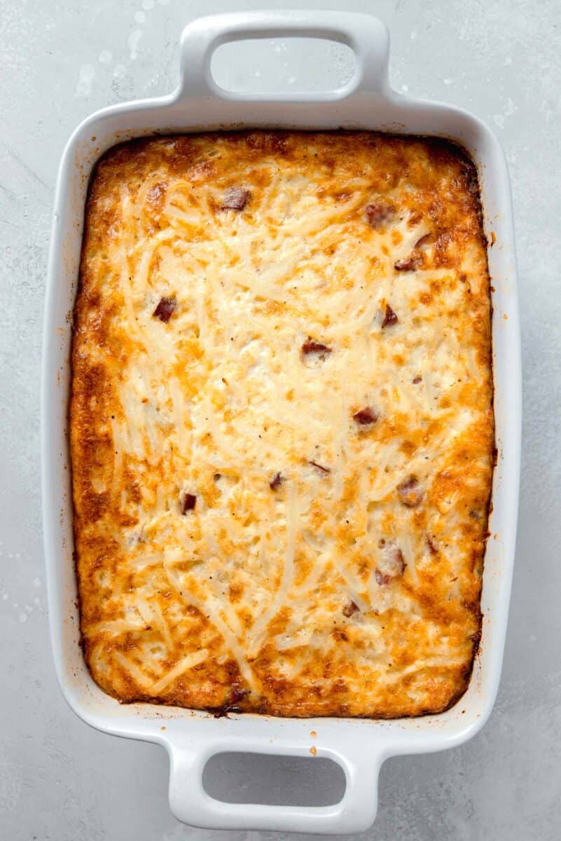 baked egg white breakfast casserole in a white 9x13 baking dish