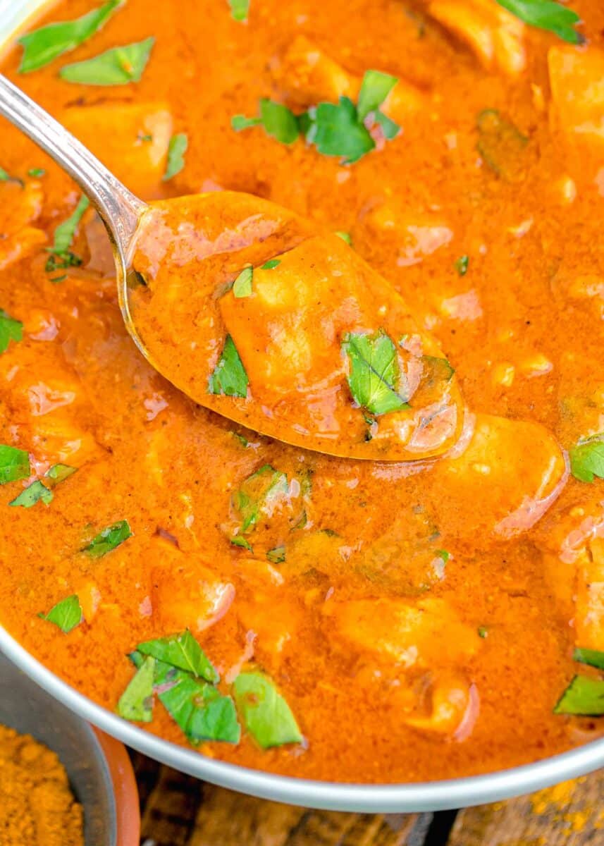 a spoon is lifting a portion of butter chicken from the bowl.