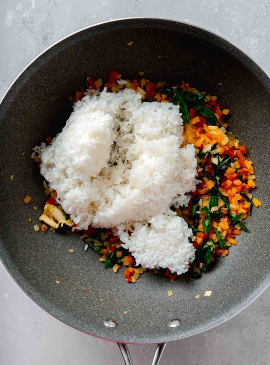 rice added to the nonstick skillet with the vegetable mixture