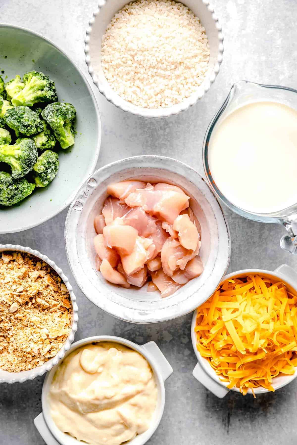 Ingredients for chicken broccoli rice casserole.