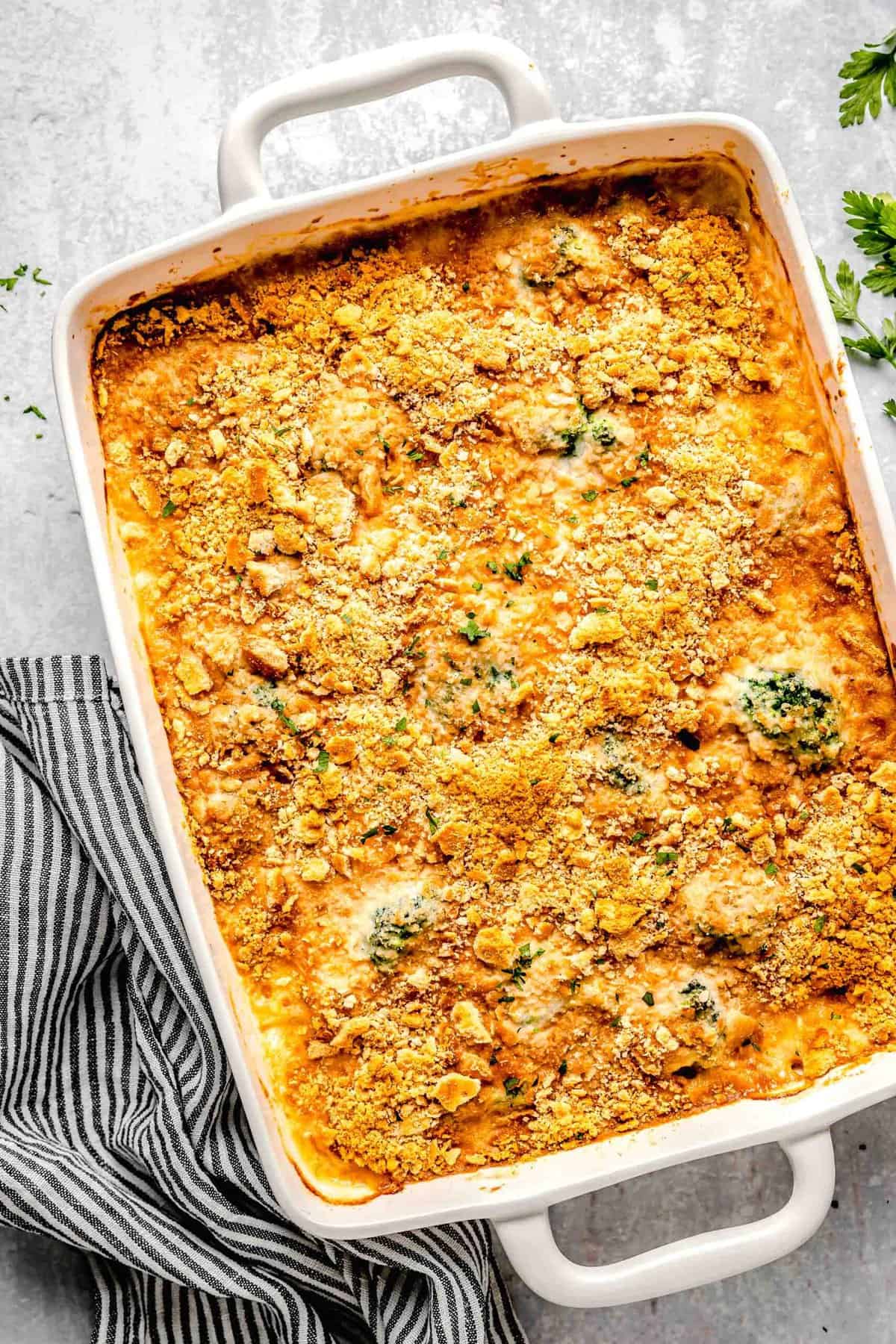 Chicken broccoli rice casserole in a casserole dish.