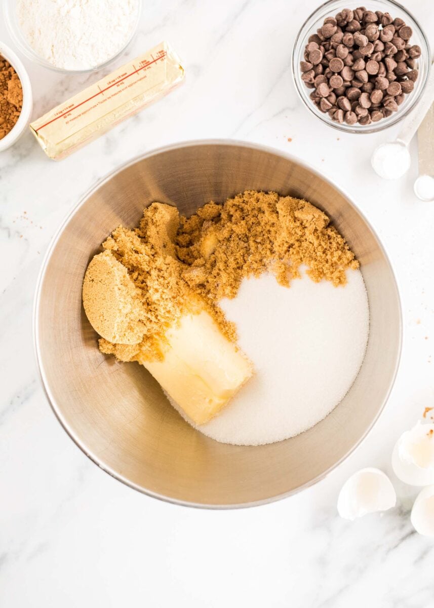 cookie dough ingredients are all placed in a bowl.