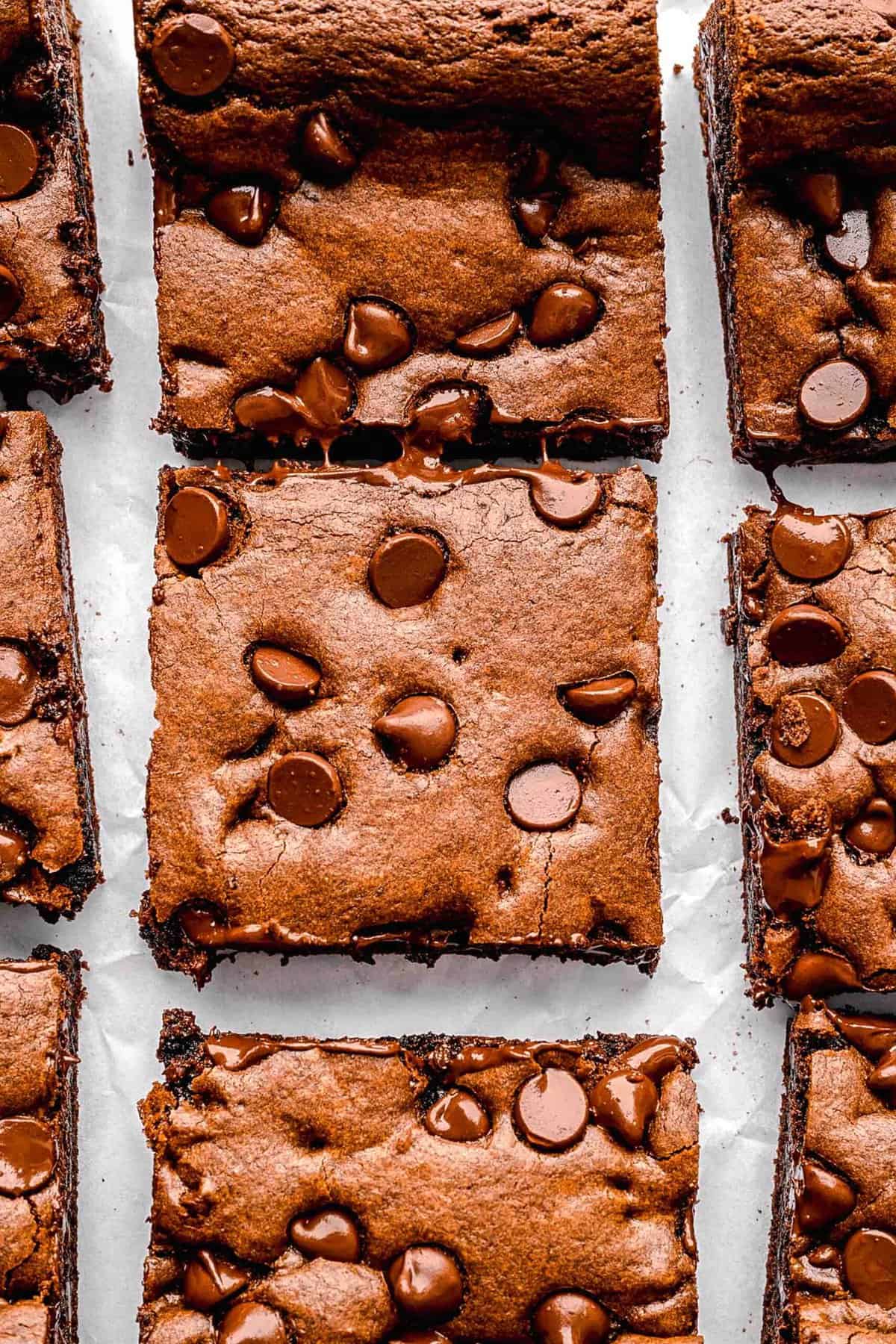 Closeup of cake mix brownies cut into squares.