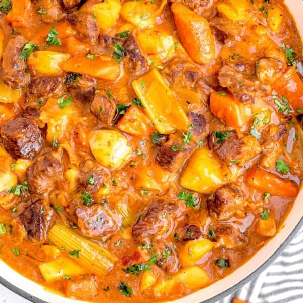 guinness beef stew in a white pot with a striped napkin next to it