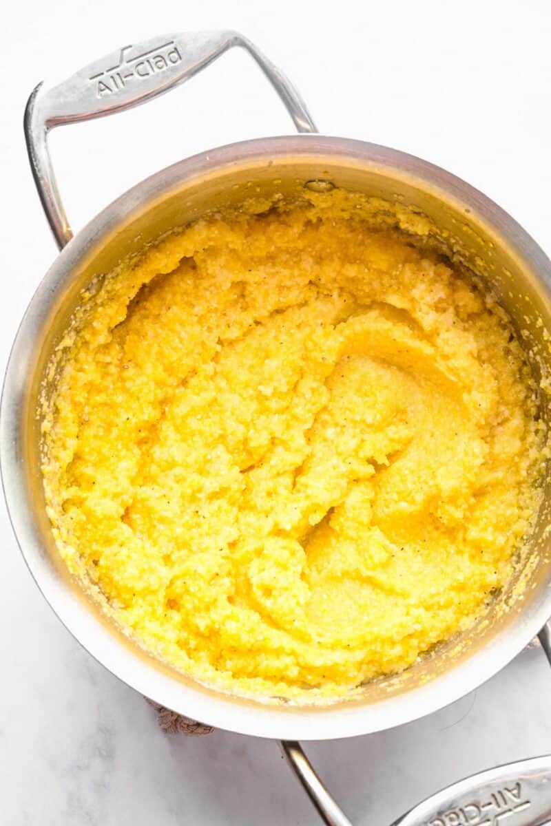 Cooked polenta in a pot.