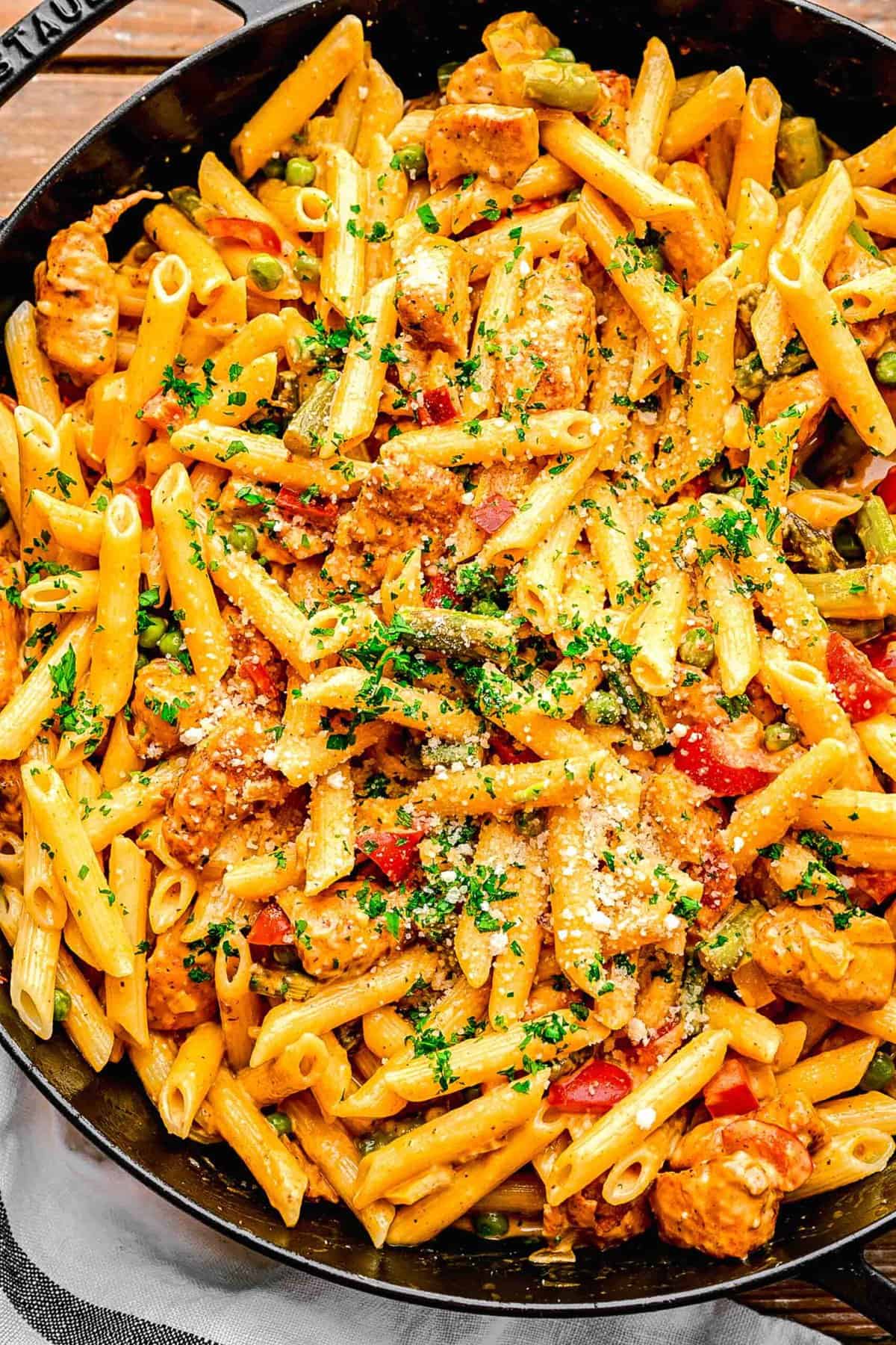Spicy chicken chipotle pasta in a pan.
