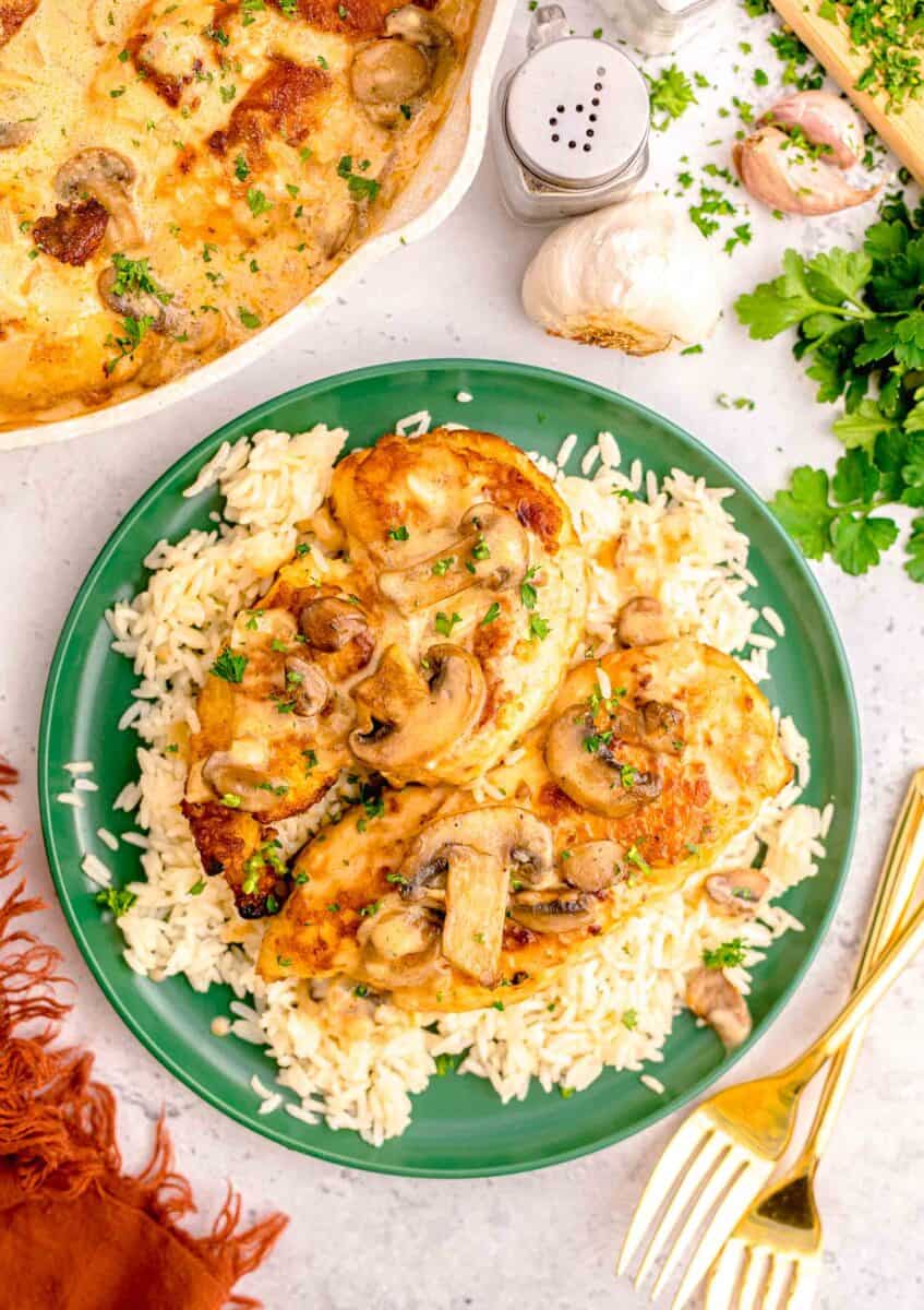 rice and chicken marsala sit on top of a green plate.