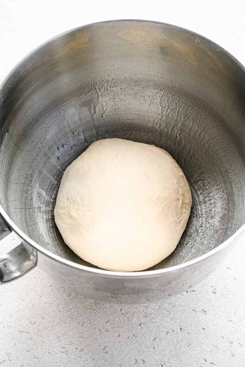 Pretzel dough in a mixing bowl.