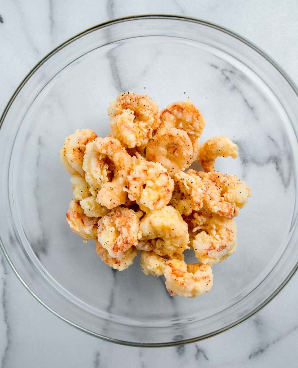 fried shrimp in a clear bowl