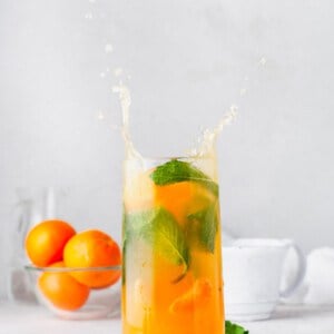 an orange mojito is splashing in a tall glass
