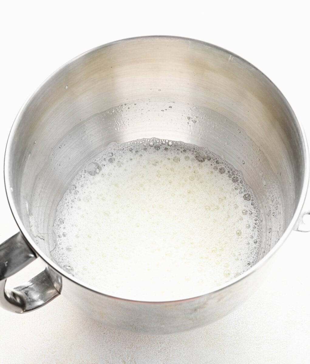 Egg whites whipped to frothy in a mixing bowl.