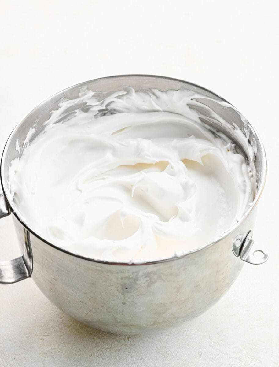 Angel food cake batter in a mixing bowl.