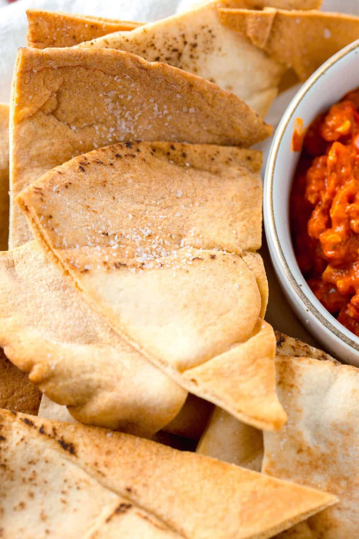 salt detail on top of an air fried pita chip