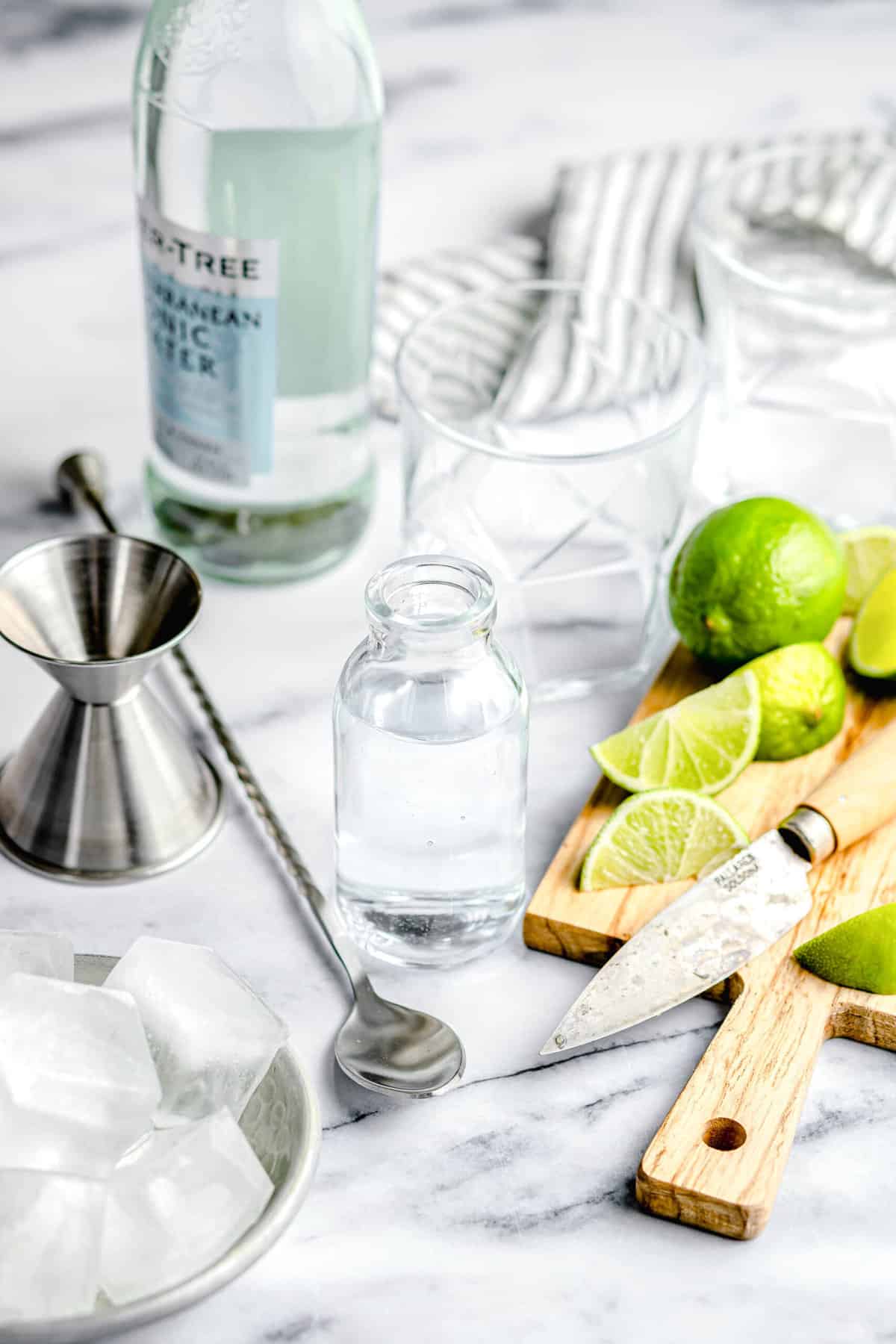 Ingredients and materials needed to make a classic gin and tonic.