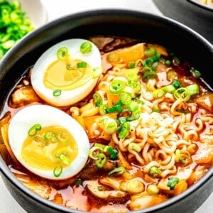 Kimchi ramen served in a bowl.