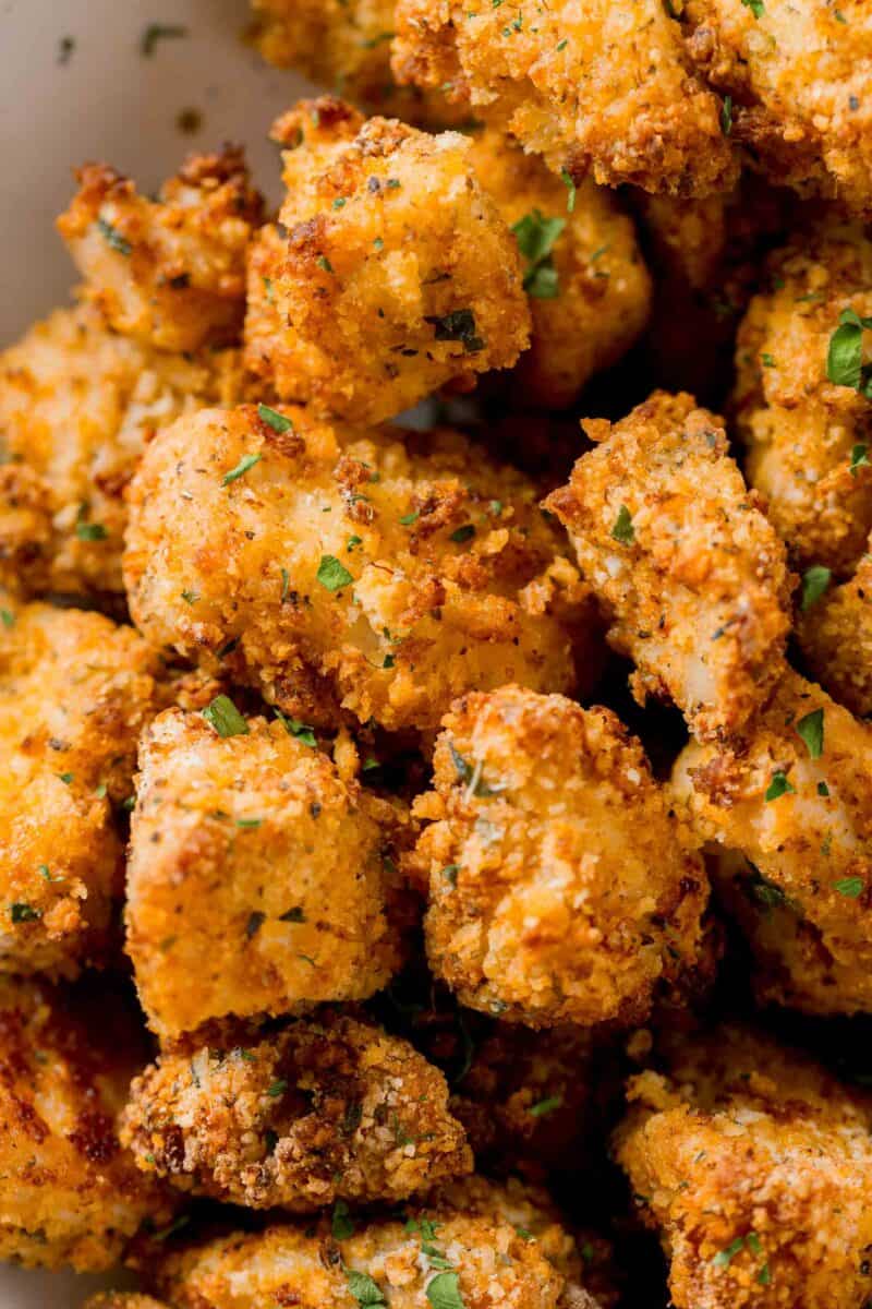 up close image of crispy coating on air fryer chicken nuggets