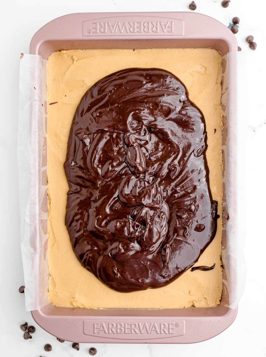 chocolate has been added on top of a peanut butter layer