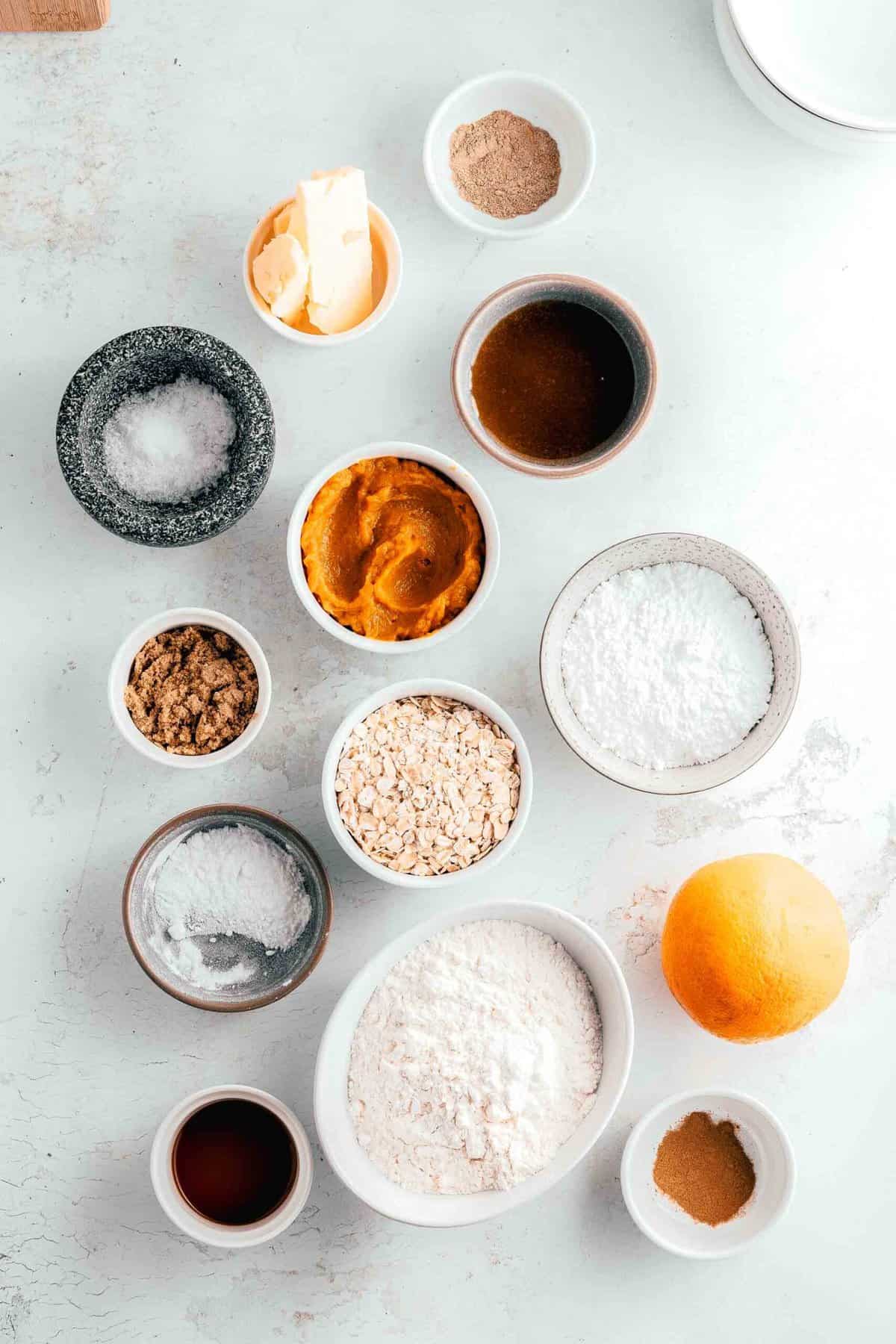 The ingredients for pumpkin oatmeal cookies.