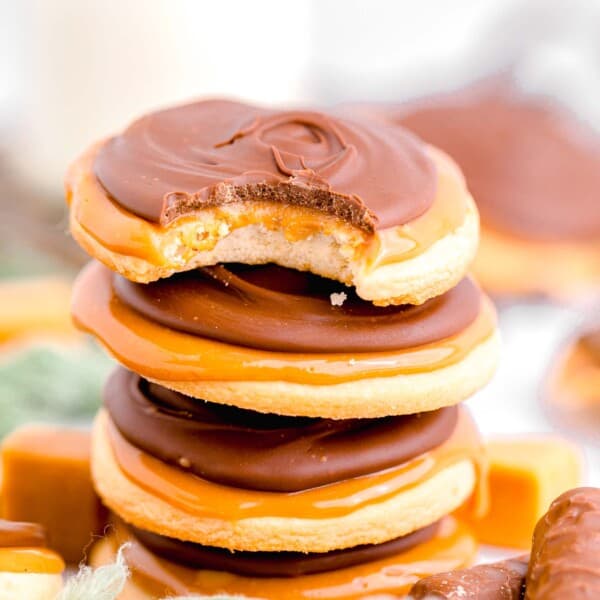 several twix cookies are stacked on top of each other