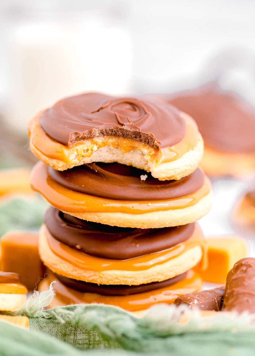 several twix cookies are stacked on top of each other