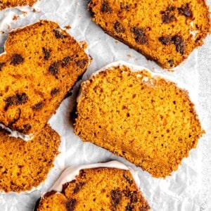 several pieces of pumpkin bread have chocolate chips while others do not