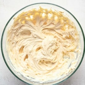 cream cheese mixture whipped in a glass bowl