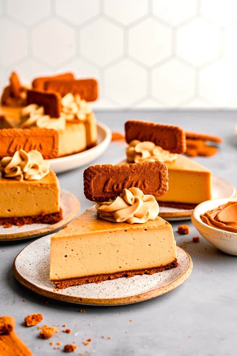 biscoff cheesecake slices on speckled ceramic plates