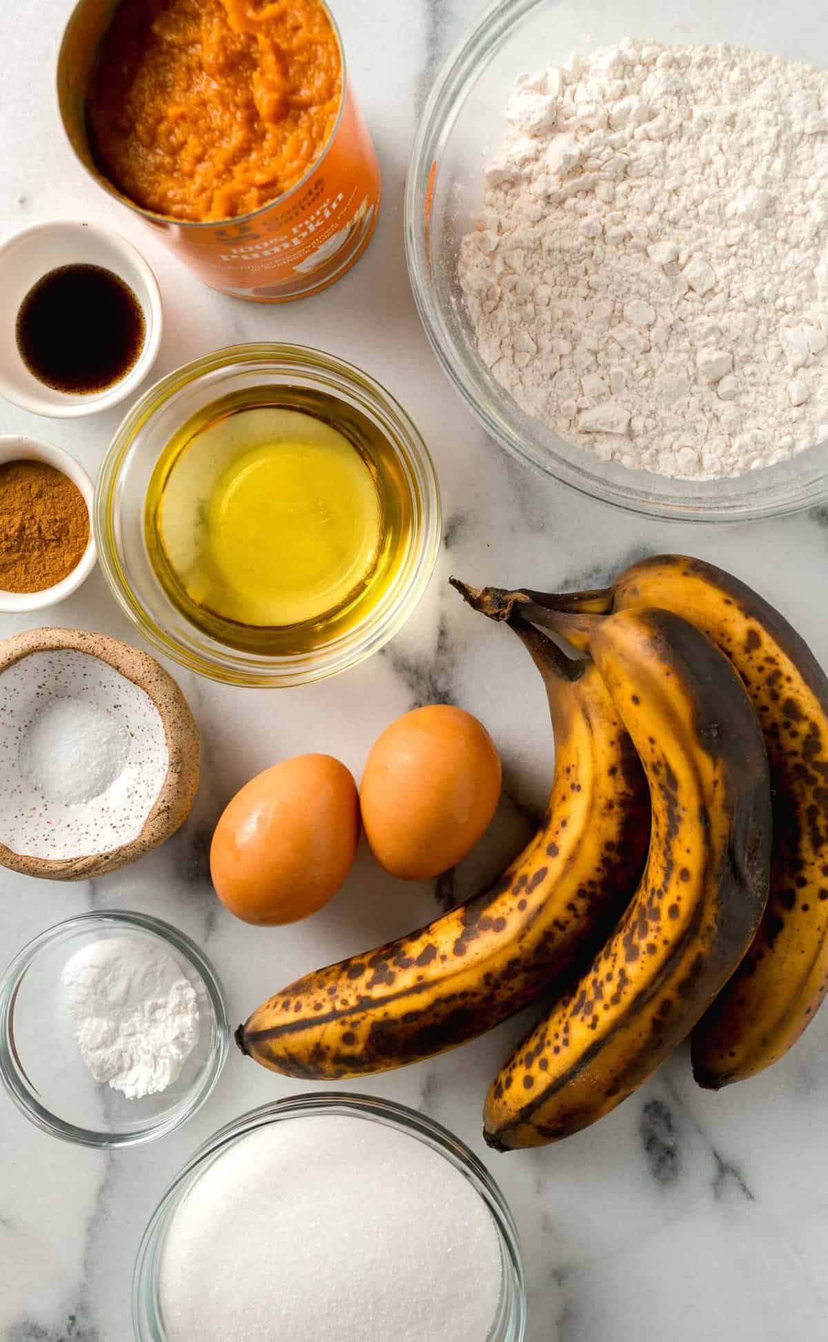 Ingredients for pumpkin banana muffins.