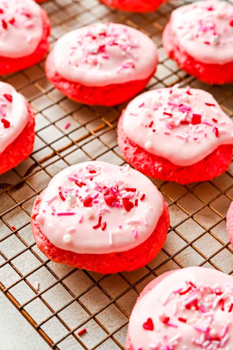 strawberry cream cheese cookies on a wire cooling rack