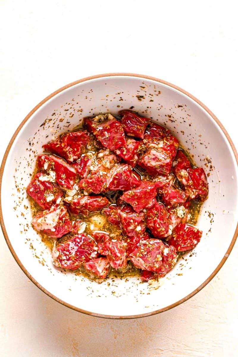 beef cubes tossed in the greek marinade