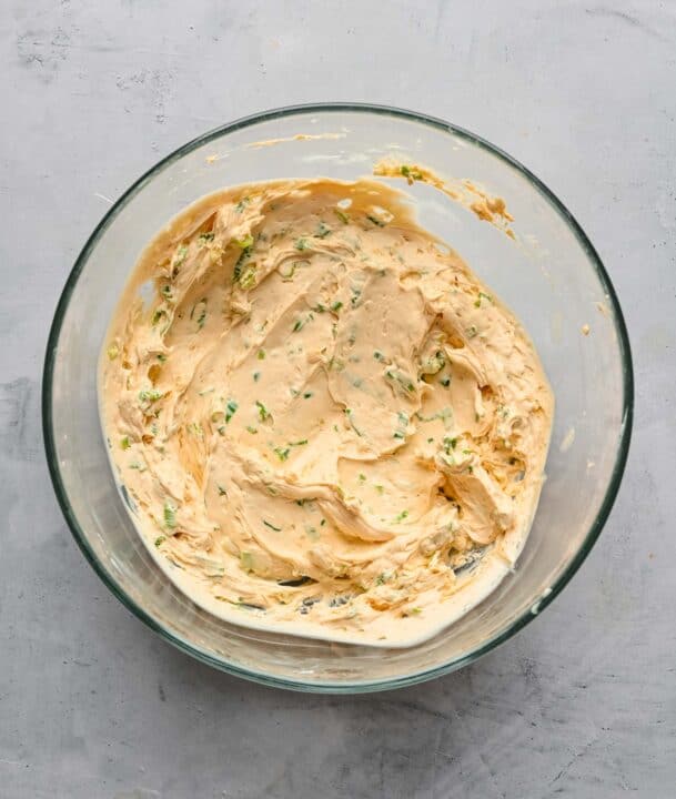 cream cheese wonton mixture in a clear bowl