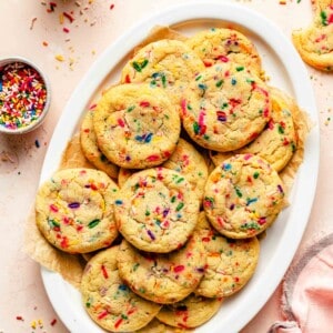 Overhead image of Funfetti cookies on a platter.