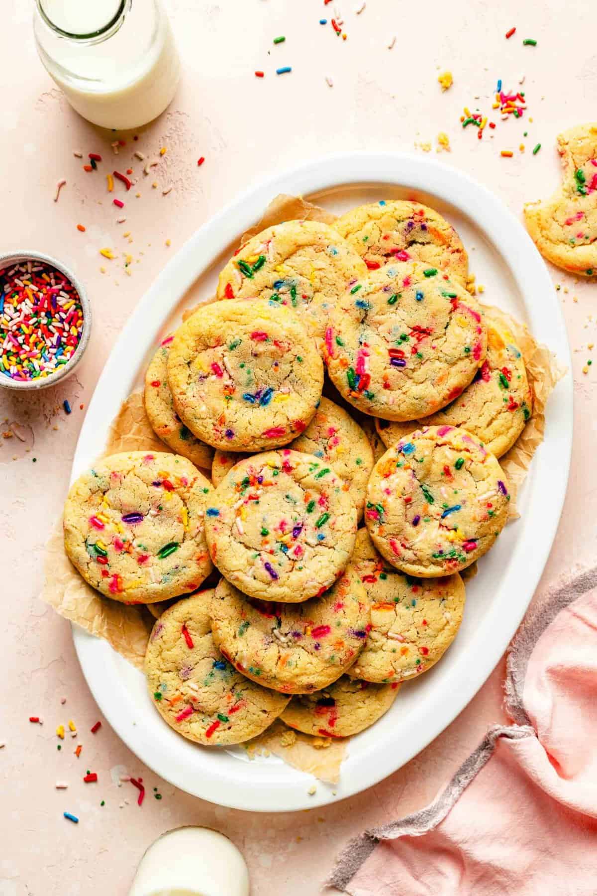 Overhead image of Funfetti cookies on a platter.