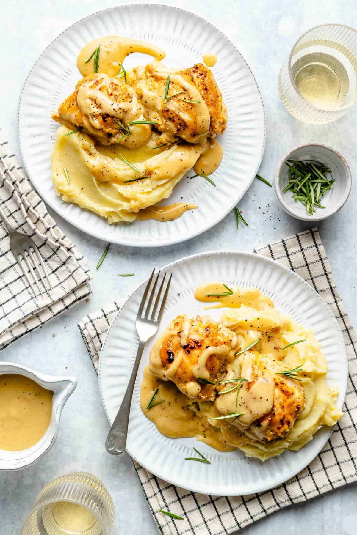 Overhead image of two plates loaded with yum yum chicken.