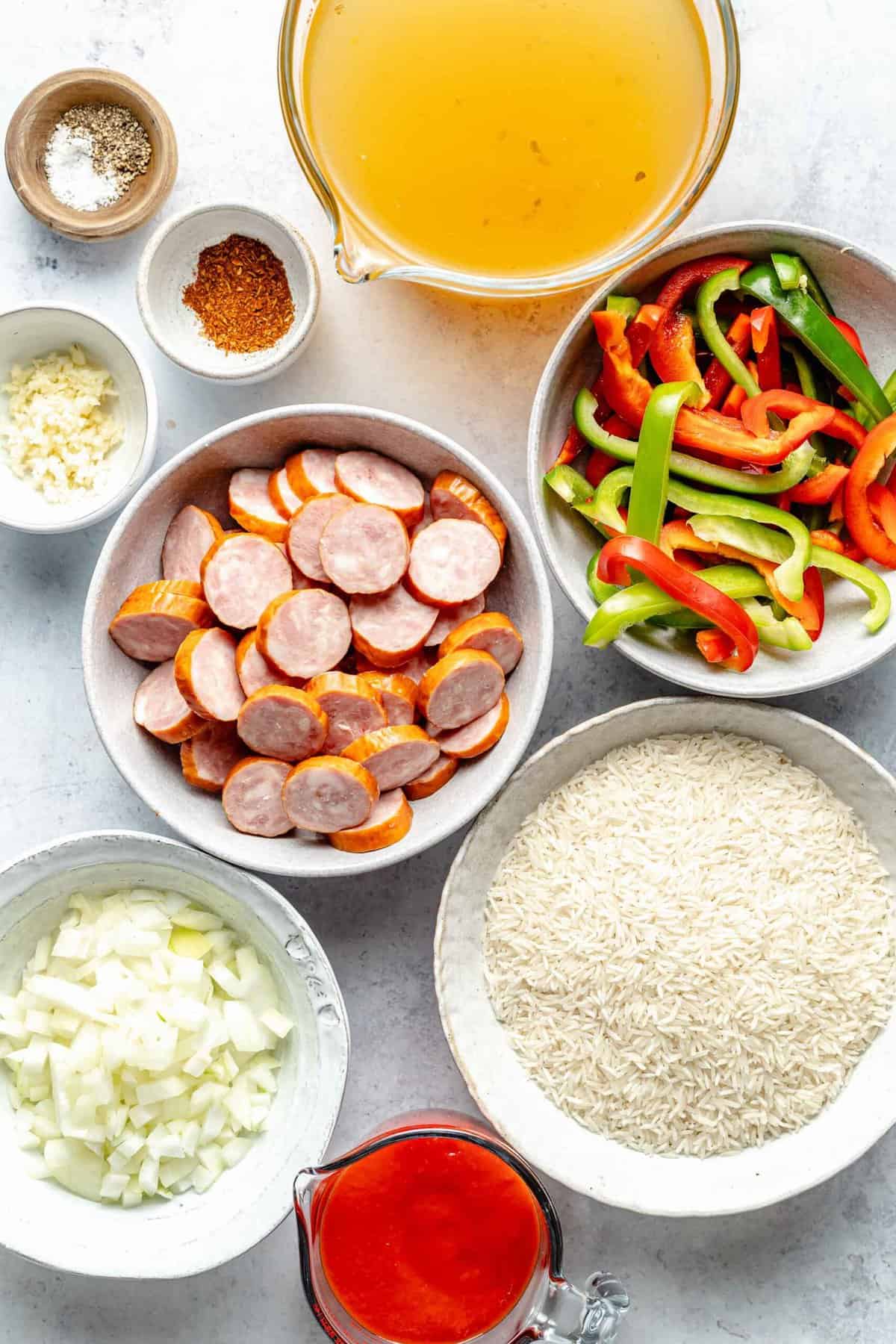 Ingredients for smoked sausage and rice.