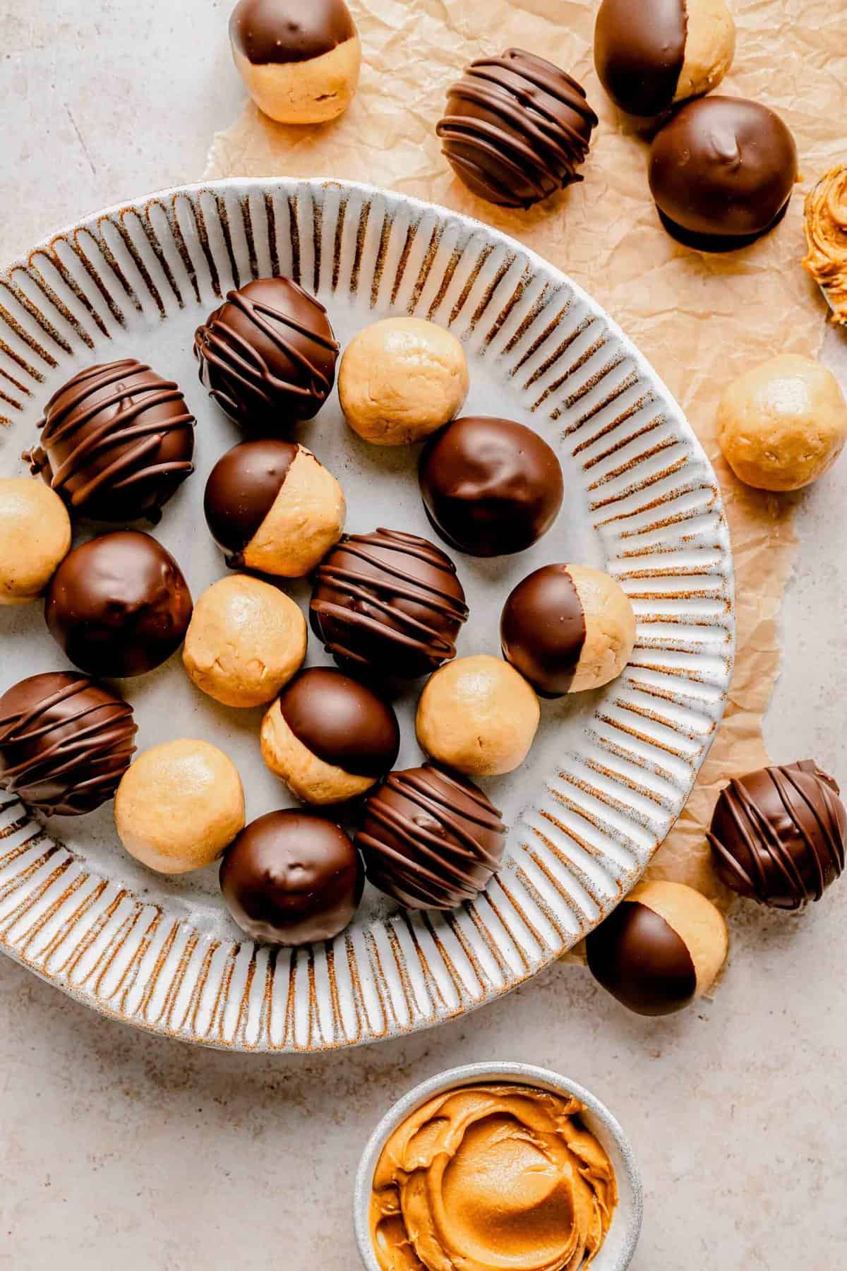Overhead image of peanut butter balls on a plate.