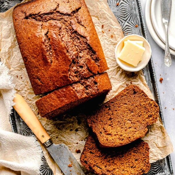 Overhead image of sweet potato bread cut into slices.