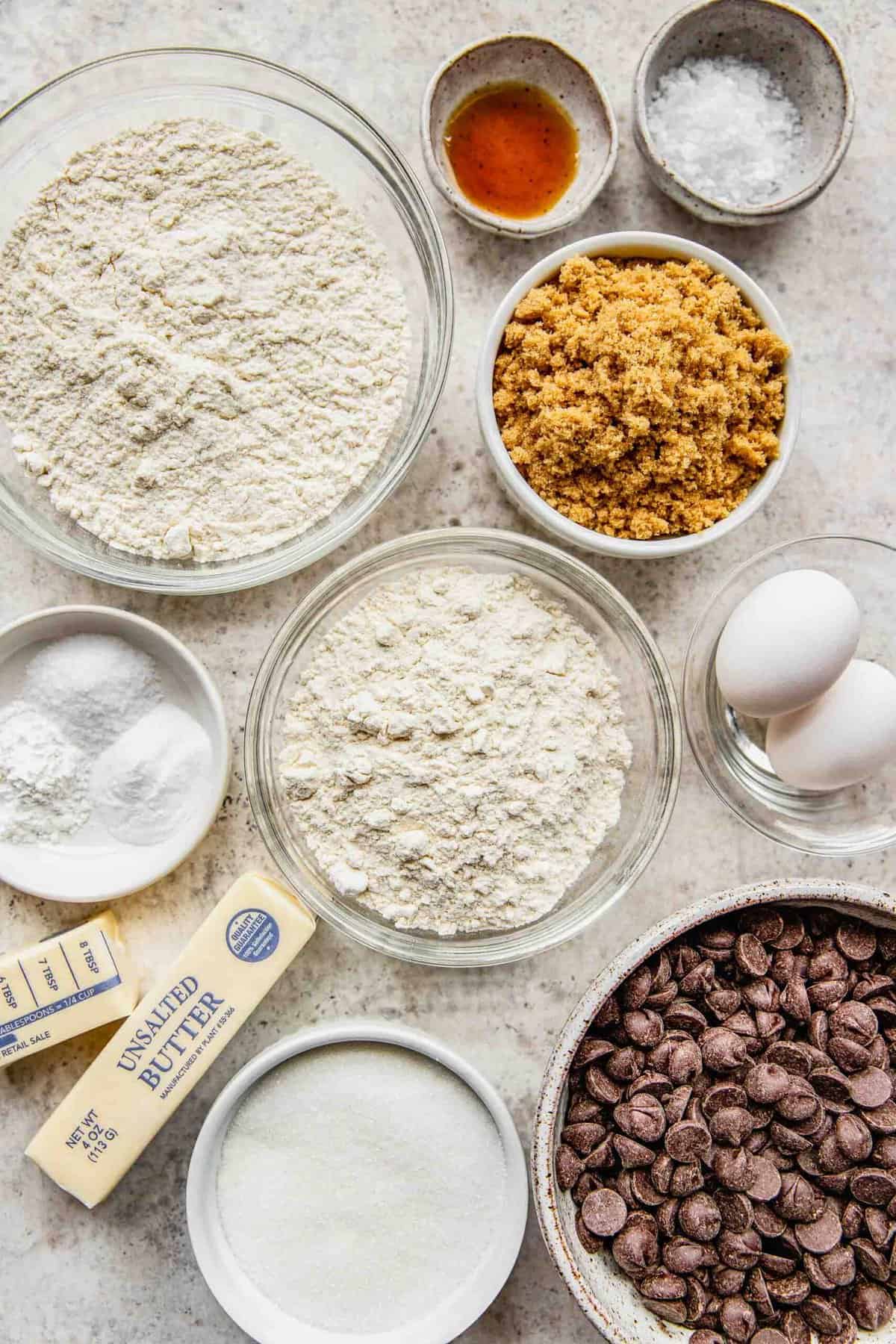 Ingredients for chocolate chip cookies.