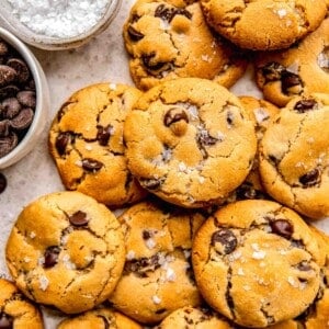 Overhead image of a pile of chocolate chip cookies.
