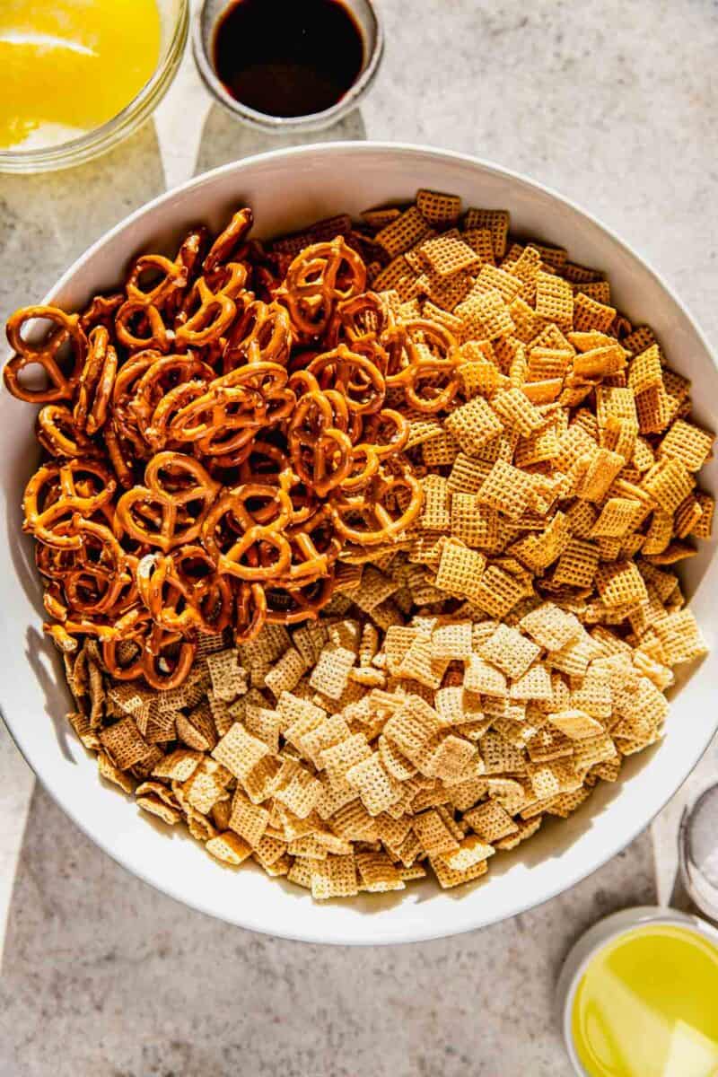 chex cereal and pretzels in a large bowl