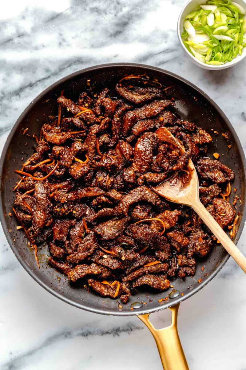 Crispy beef in a pan.