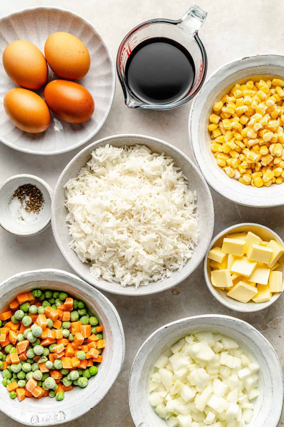 Ingredients for vegetable fried rice.