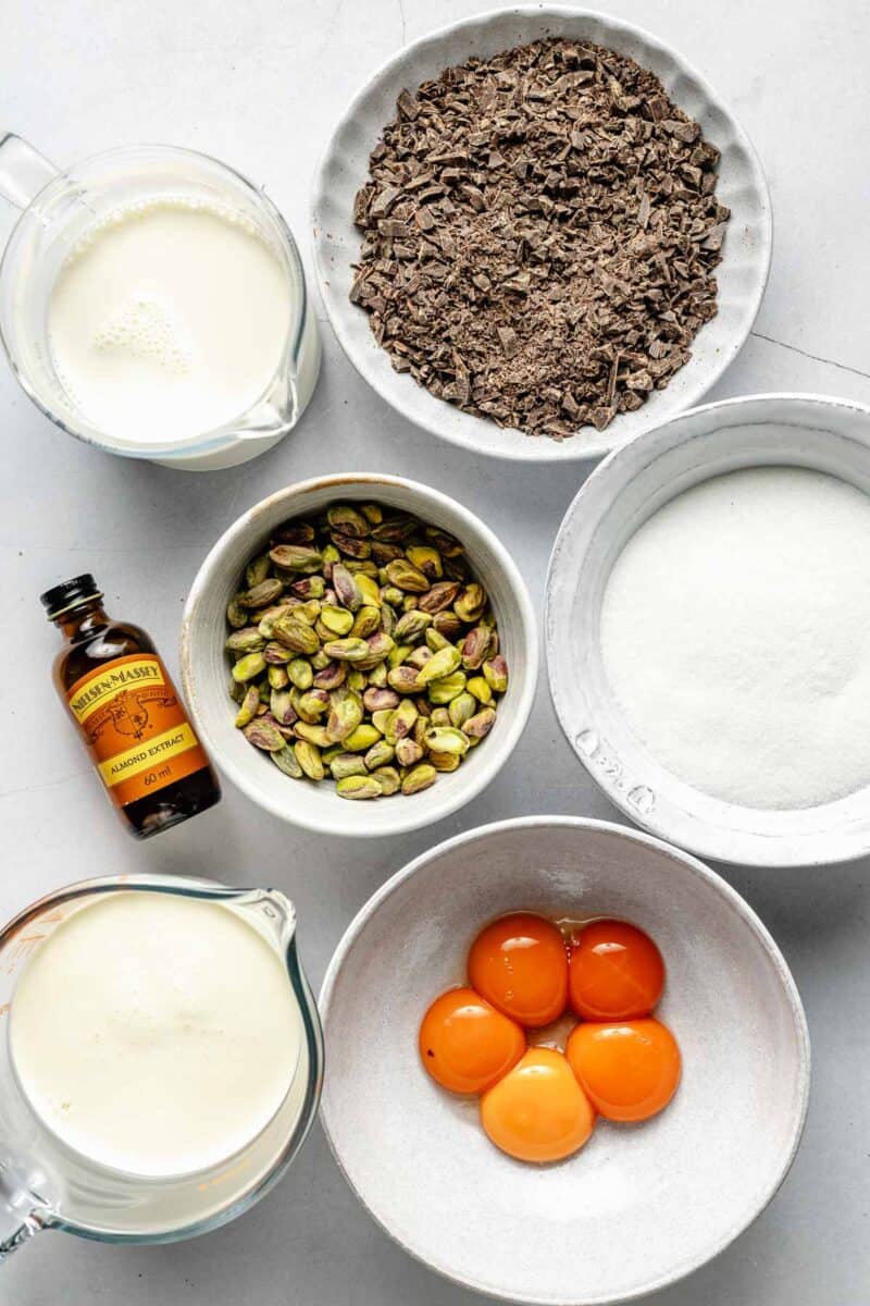 Ingredients for pistachio ice cream.