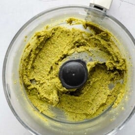 Pistachio paste in a food processor.