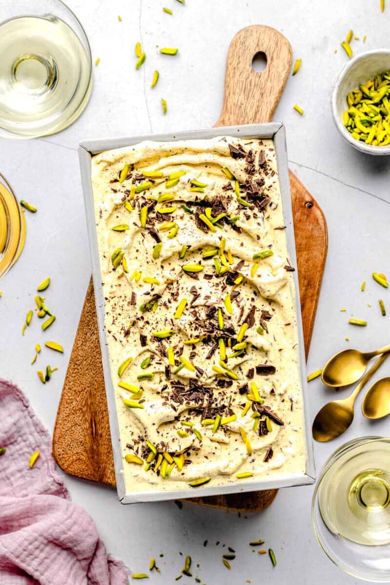 Overhead image of pistachio ice creamin a loaf pan.