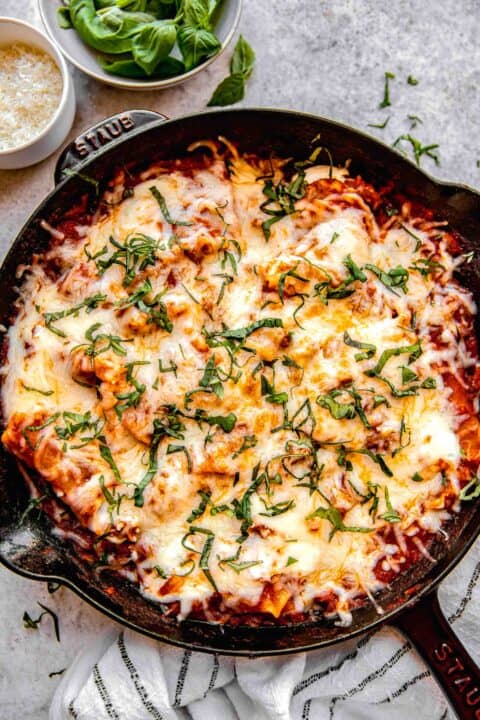Overhead image of skillet lasagna.