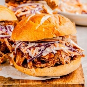 BBQ pulled pork sliders with slaw.