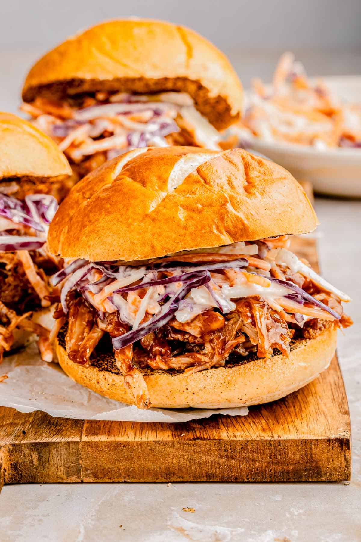 BBQ pulled pork sliders with slaw.