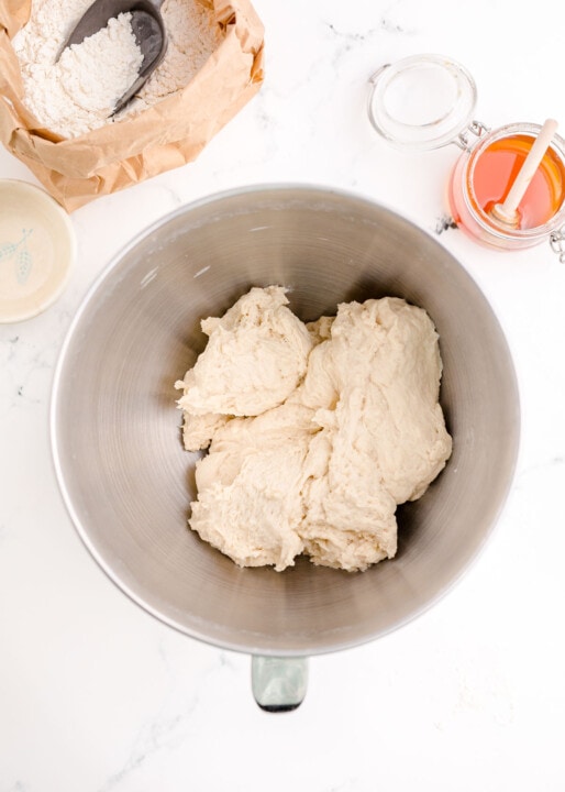 dough formed in a metal stand mixer bowl
