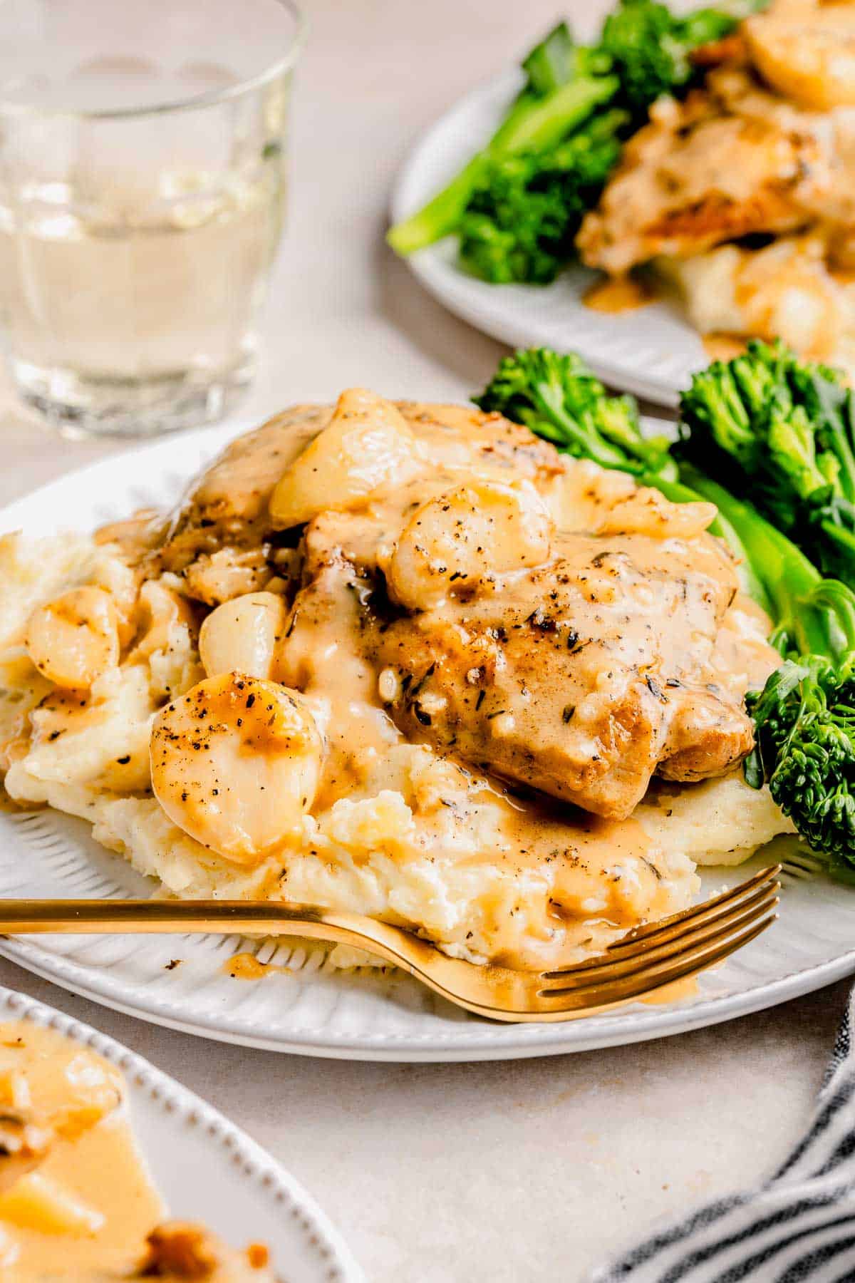 40 clove garlic chicken on a plate with broccolini.